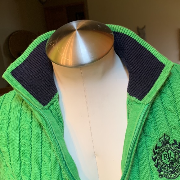 Ralph Lauren cable knit full zip lime green and navy blue sweater Medium - Picture 16 of 17